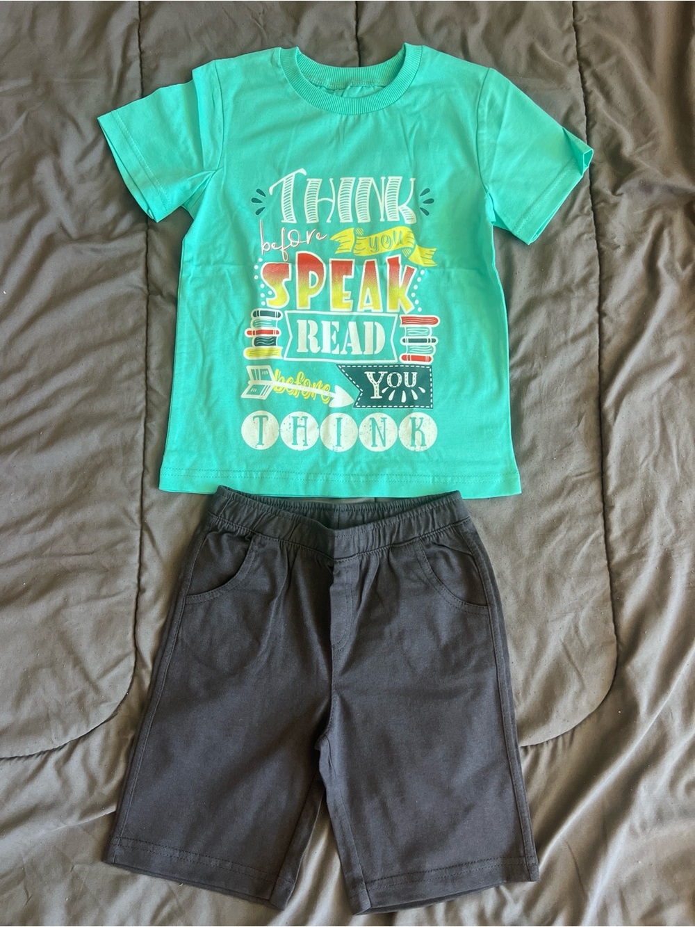 Kids Teal Graphic , 5-6 years, Set - Short Sleeve Top & Shorts, cotton 100%, new